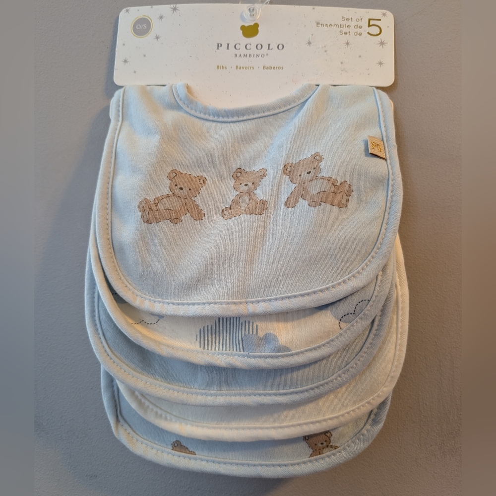 🆕 Piccolo Bambino Baby Blue Bib Set Teddy Bear Theme 5 Piece Gift Idea! 🧸